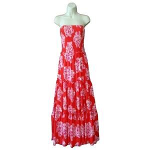 Abel The Label Red Pink Floral Strapless Smocked Tropical Tiered Maxi Dress Sz L